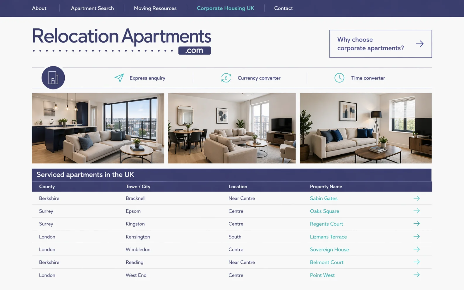 Structural likeness of the Relocation Apartments UK corporate housing index, showing a four-column directory of County, Town/City, Location, and Property Name - each row linking through to its own dedicated property page