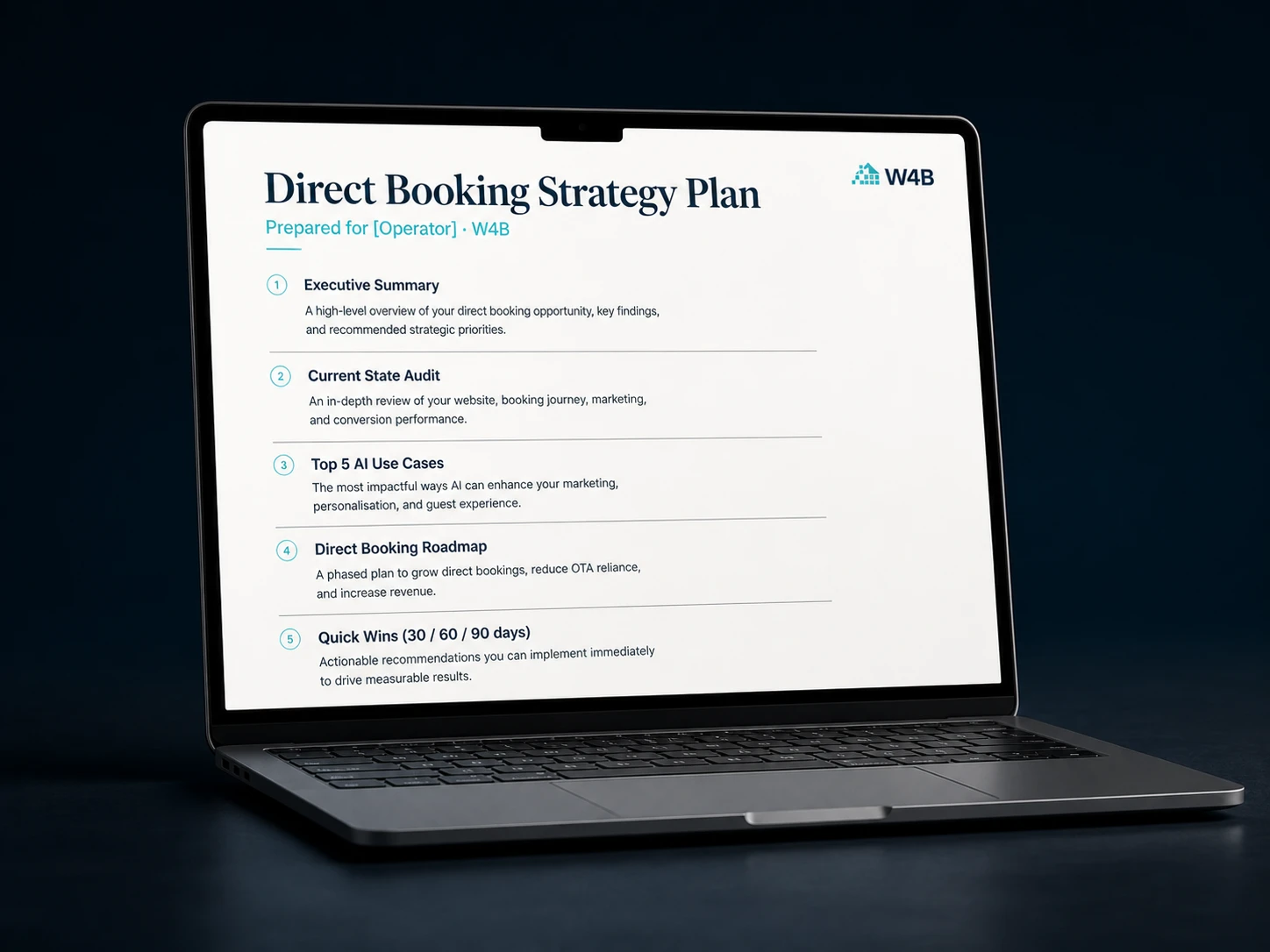Direct Booking Strategy Plan PDF shown on a laptop, with five sections: Executive Summary, Current State Audit, Top 5 AI Use Cases, Direct Booking Roadmap, Quick Wins for 30, 60, 90 days.