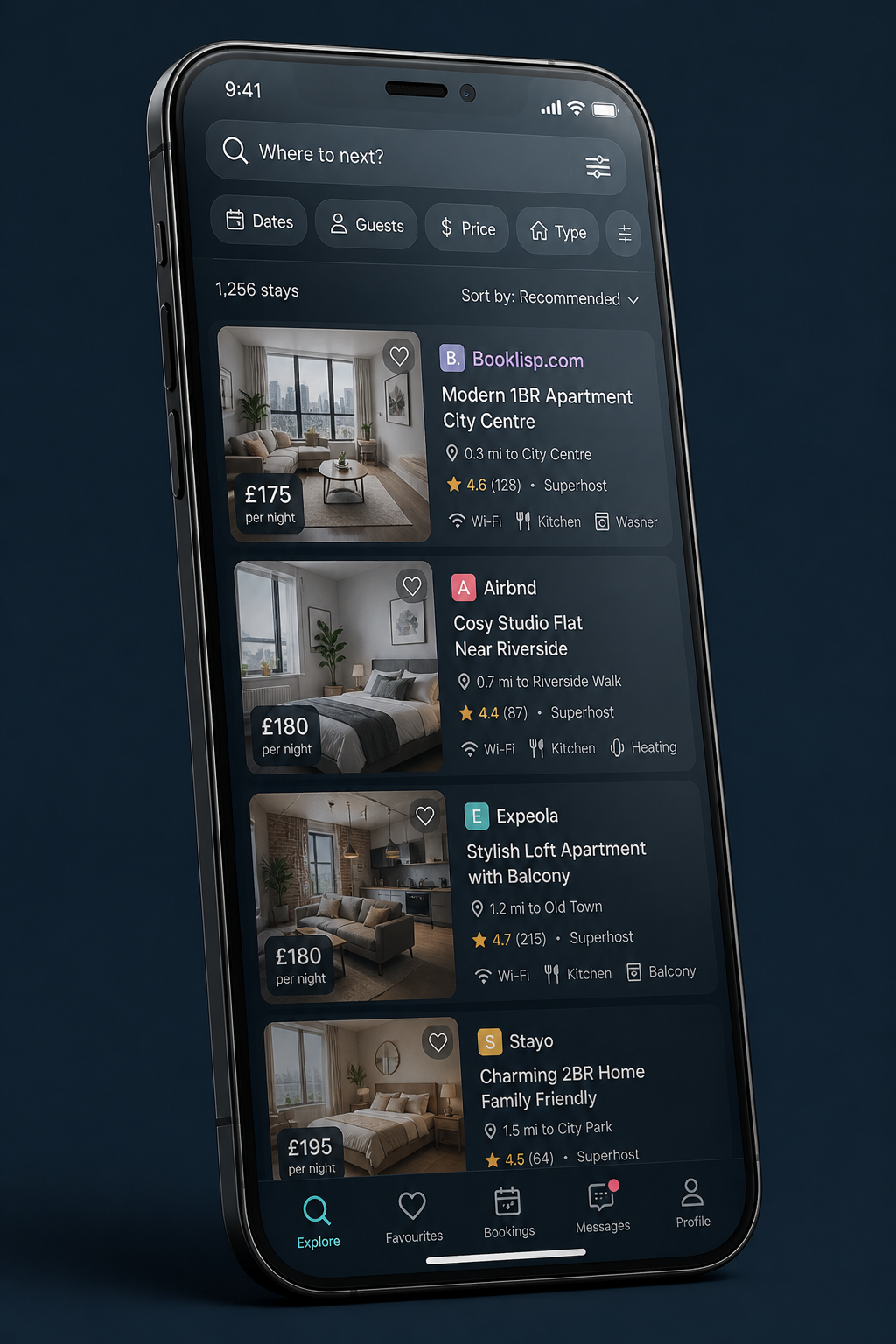 Phone showing generic OTA aggregator with cluttered listings