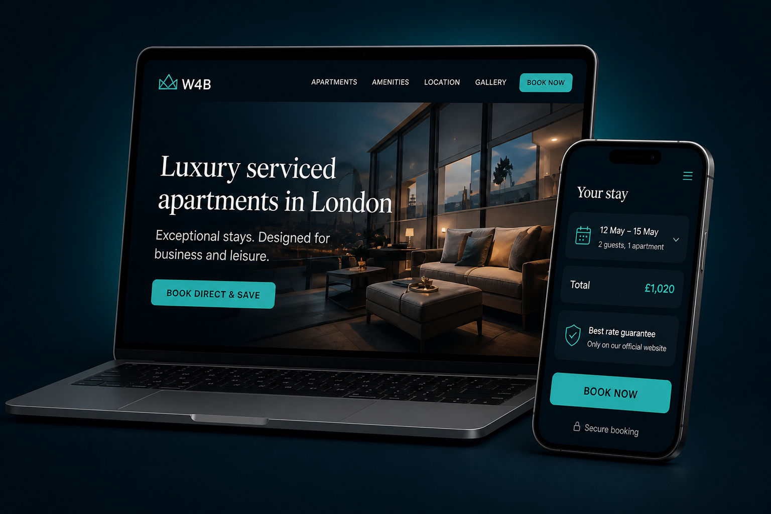 Branded direct booking website on laptop and phone