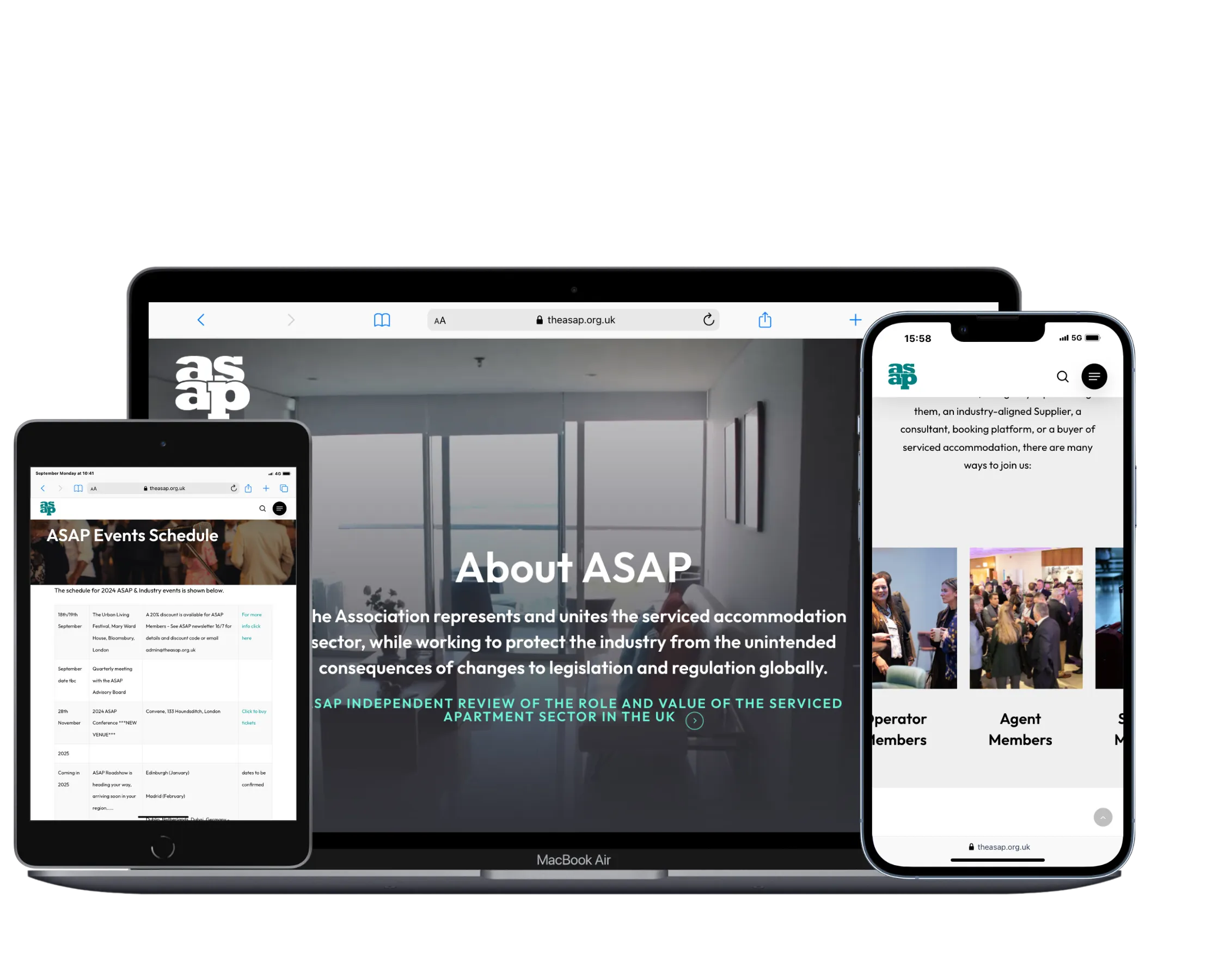 ASAP website shown across laptop, tablet, and mobile devices
