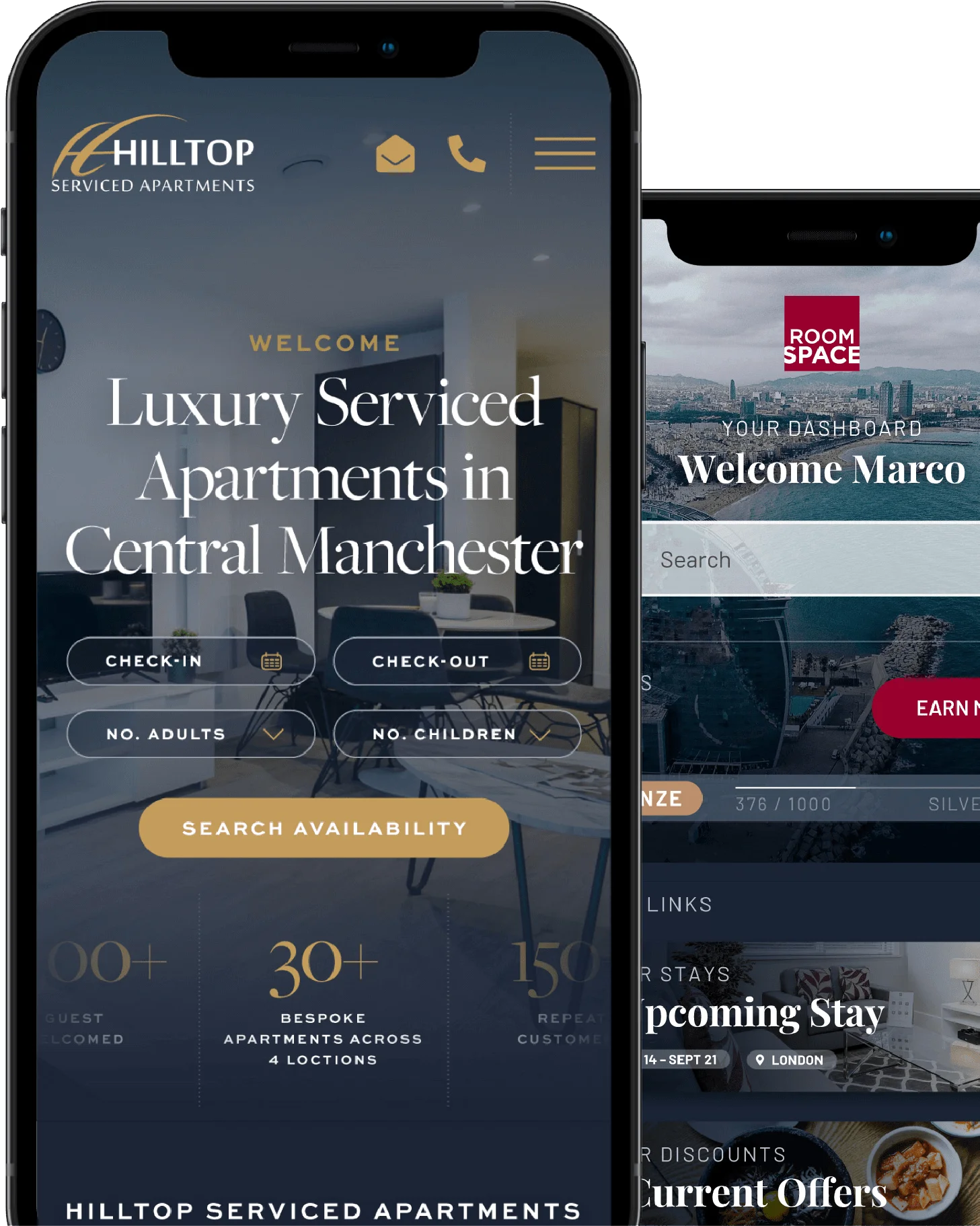 Hilltop Serviced Apartments booking website alongside the Roomspace guest portal dashboard