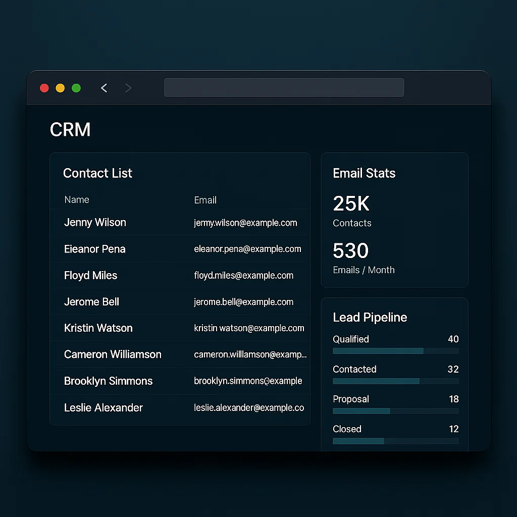 Roomspace CRM dashboard with 25K contacts