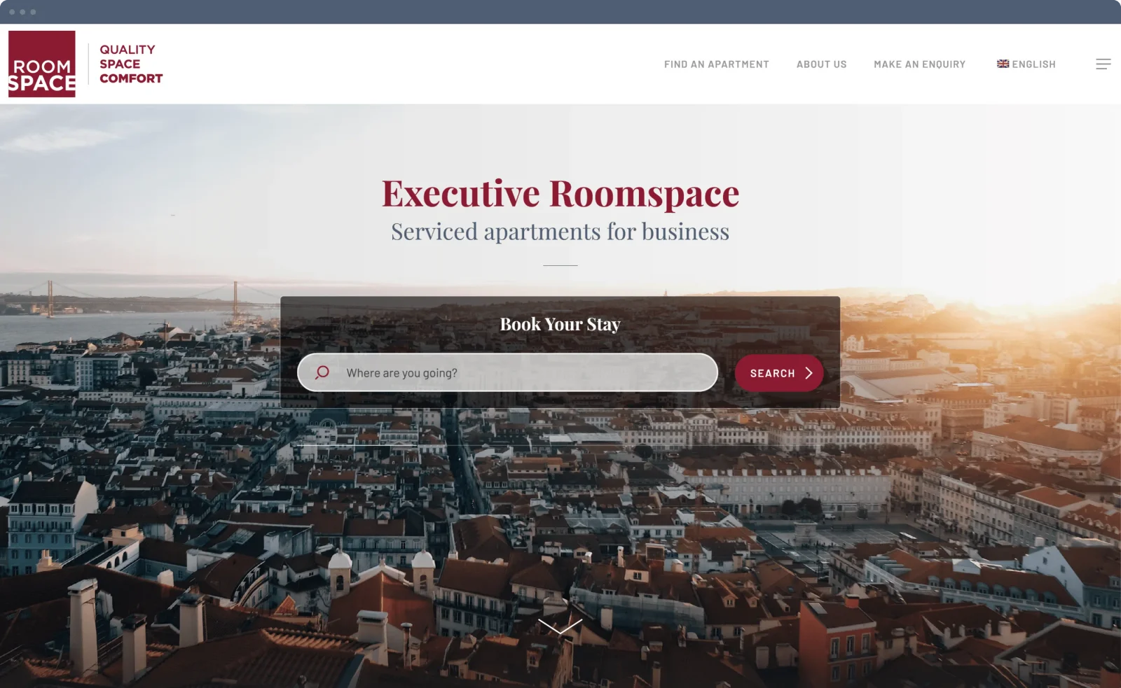 Executive Roomspace website showing serviced apartment listings