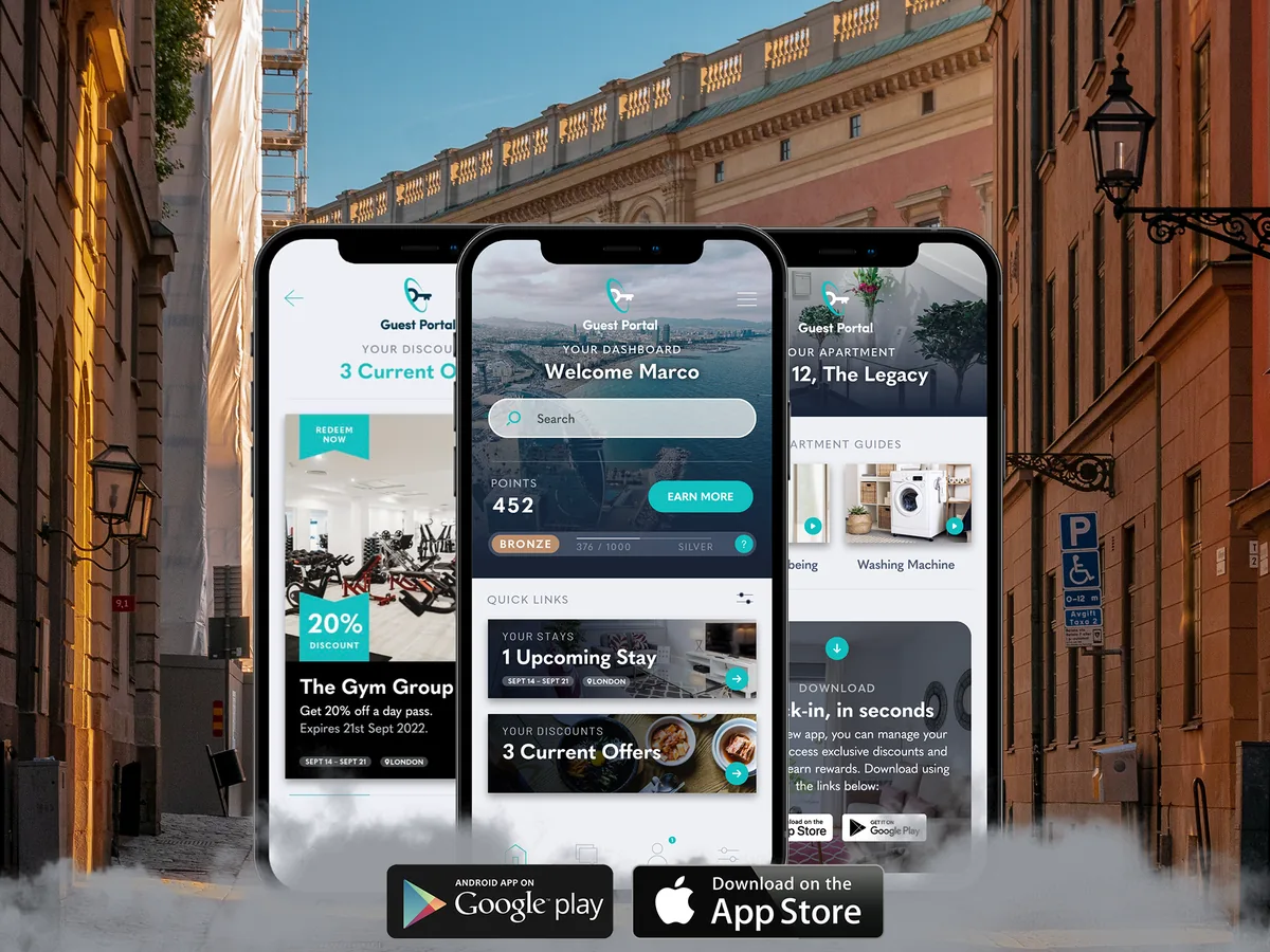 W4B Guest Portal app mockup showing check-in and local guide features