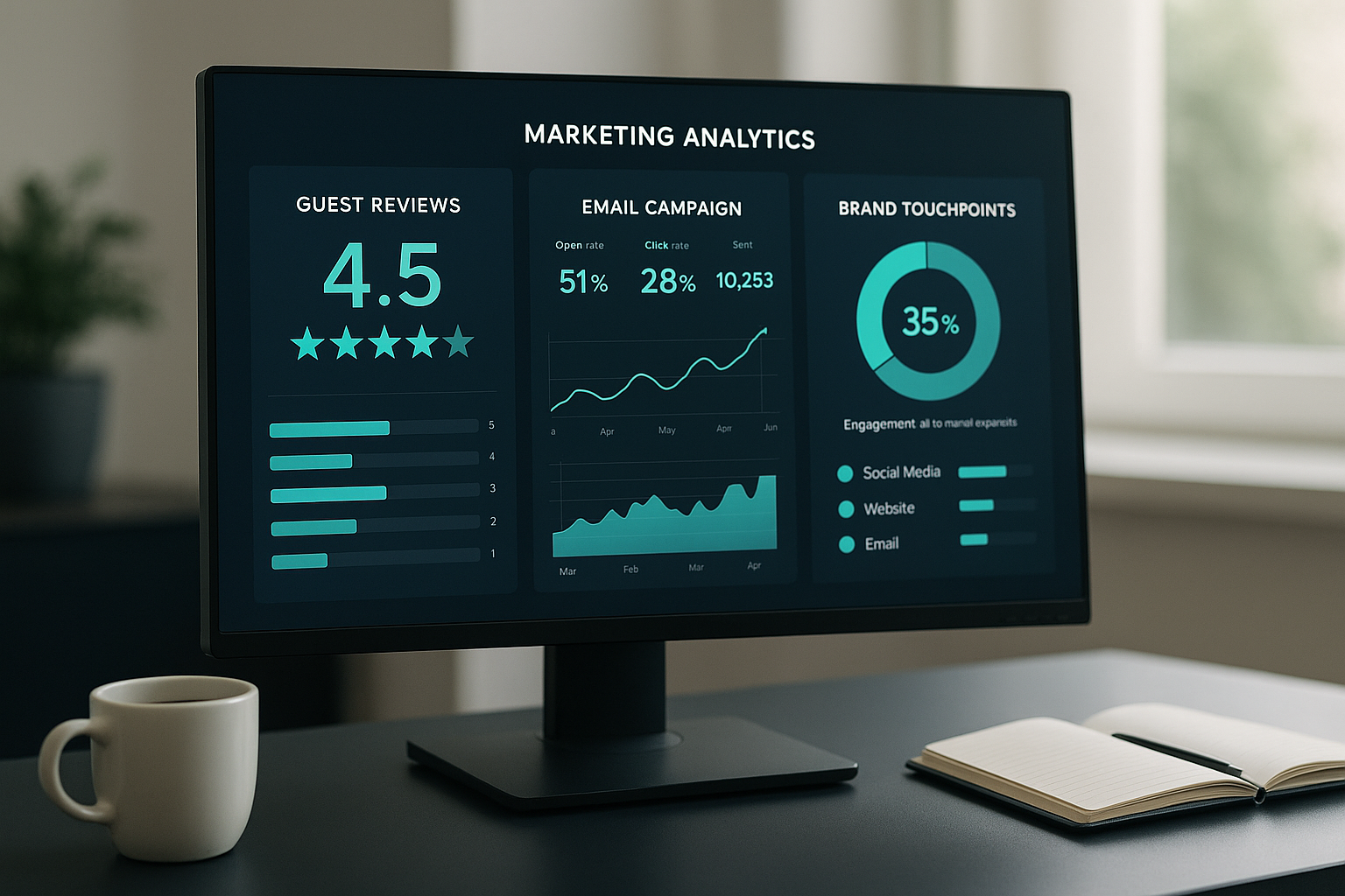 Marketing analytics dashboard with guest review scores and campaign metrics