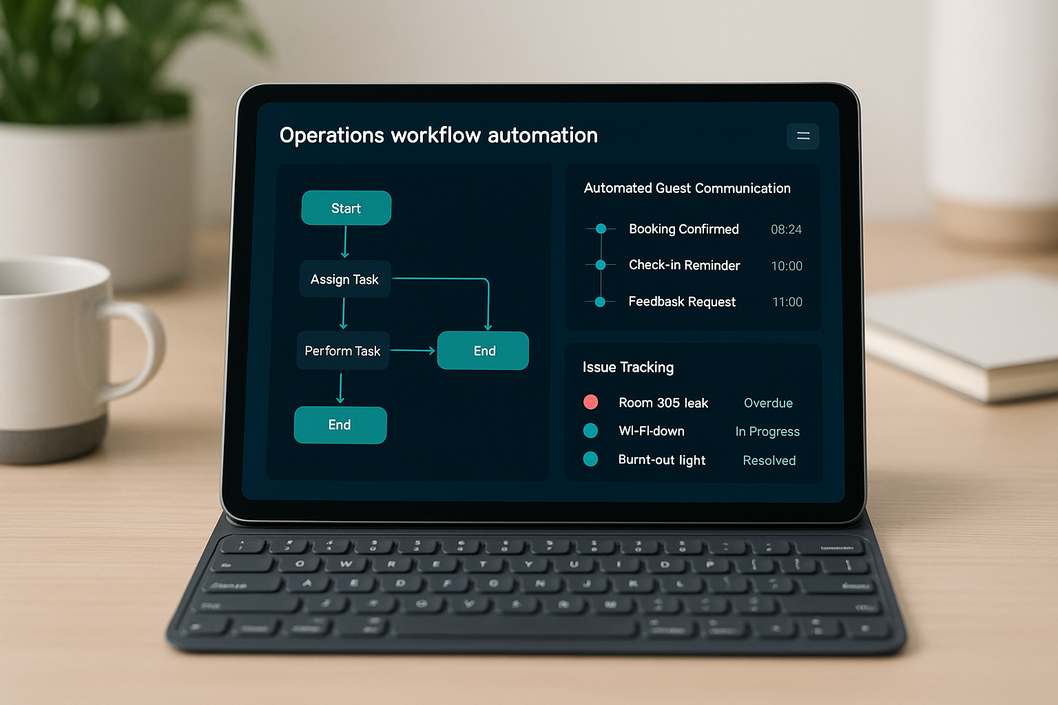 Operations workflow automation with guest communication timeline and issue tracking