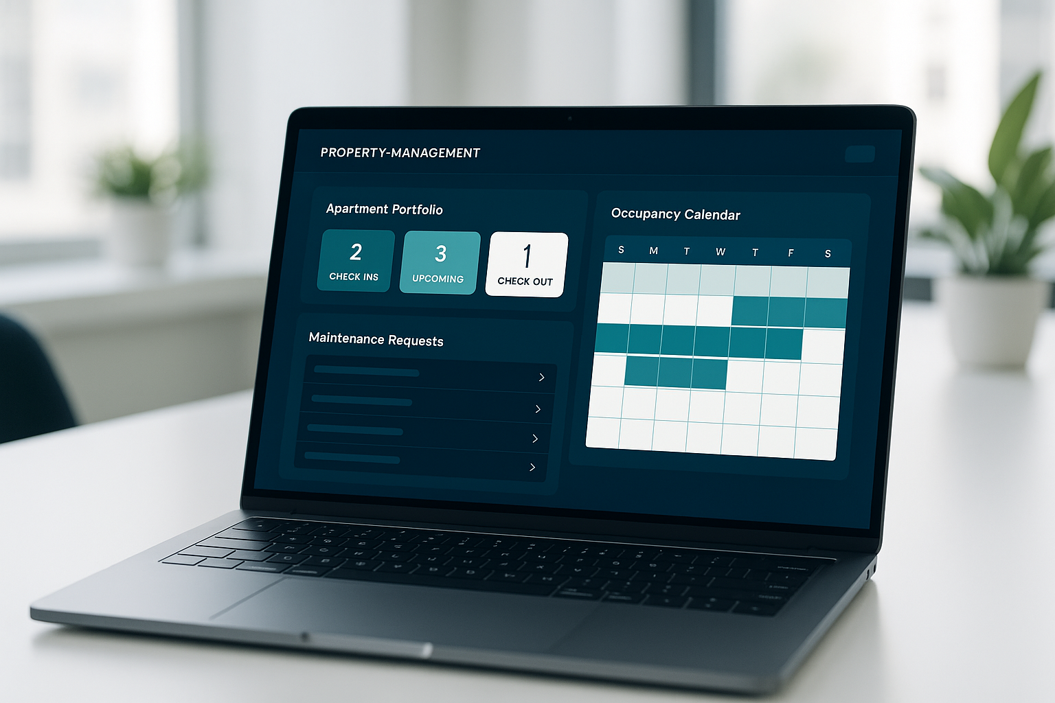 Property management dashboard showing portfolio overview and check-in status